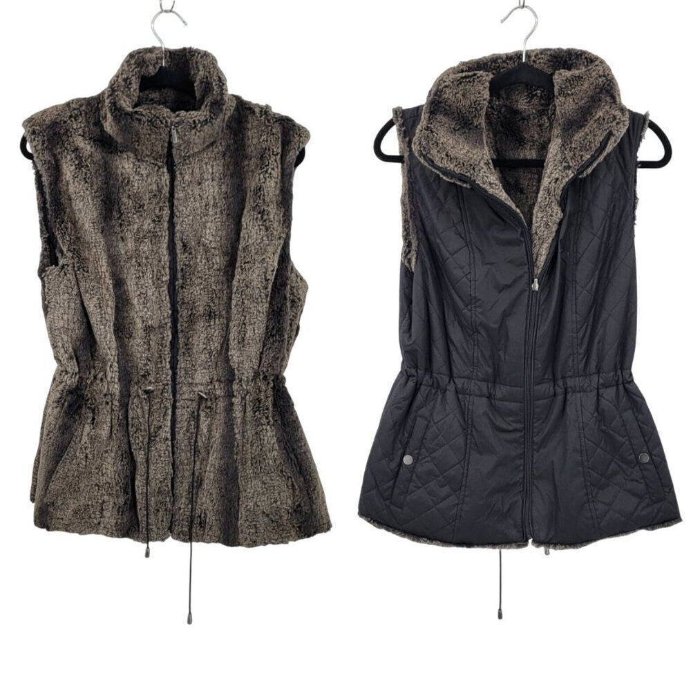 Reversible Womens Giacca Gray Vegan Faux Fur Vest Black Quilted Vest Sz L Pocket
